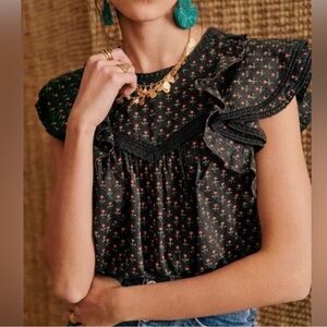 Sezane Floral Ruffle Black Top